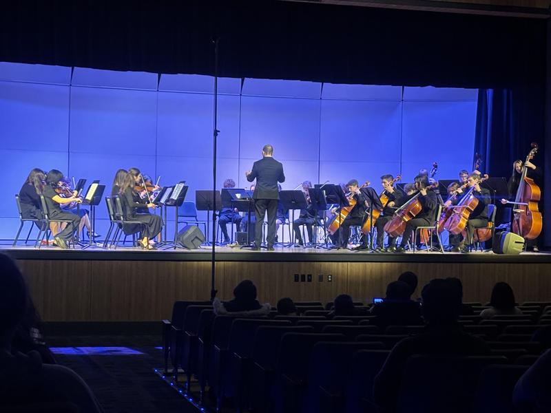full orchestra on stage with conductor in front